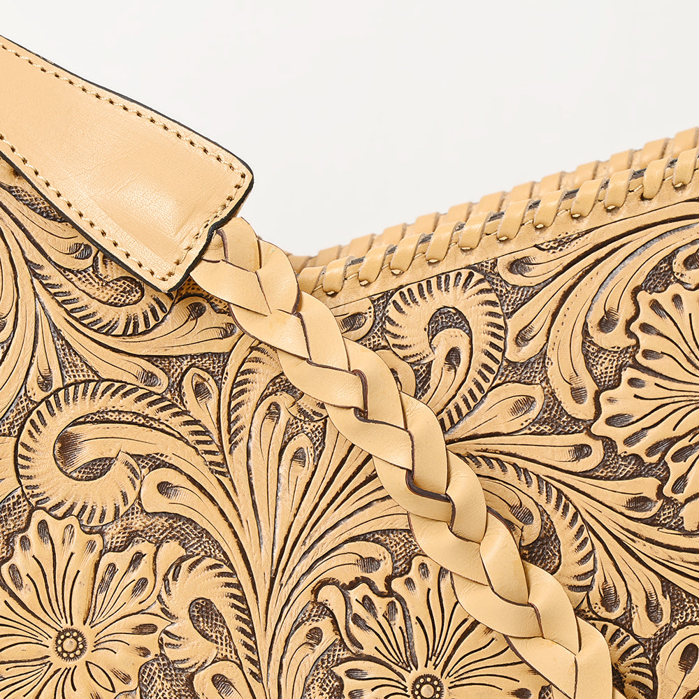 LC-ADBGZ795 Hand-Tooled Western Leather Hobo Bag - Floral Carving with Braided Strap