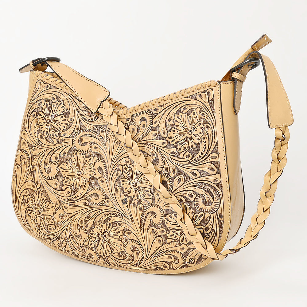 LC-ADBGZ795 Hand-Tooled Western Leather Hobo Bag - Floral Carving with Braided Strap