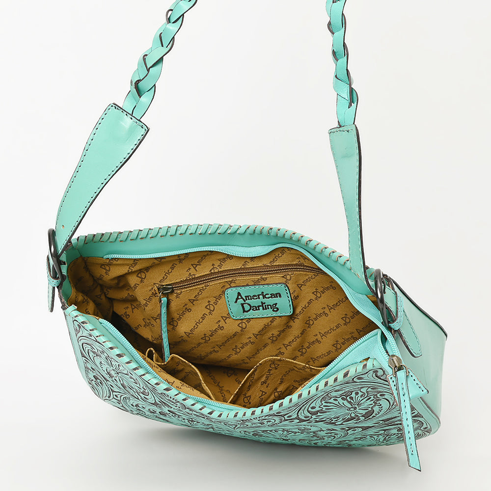 LC-ADBGZ795 Hand-Tooled Western Leather Hobo Bag - Floral Carving with Braided Strap