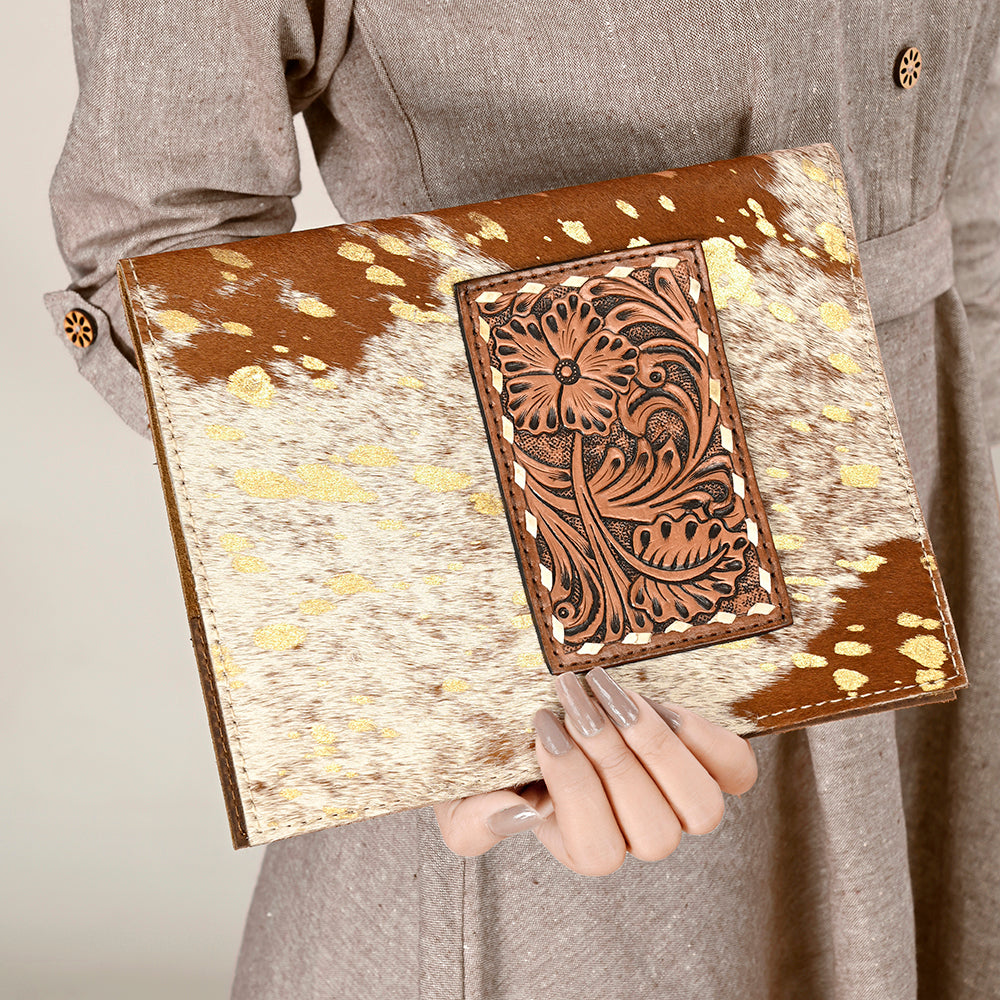 ADBG1396 American Darling Western Leather Portfolio with Hair-On Cowhide & Hand-Tooled Floral Panel