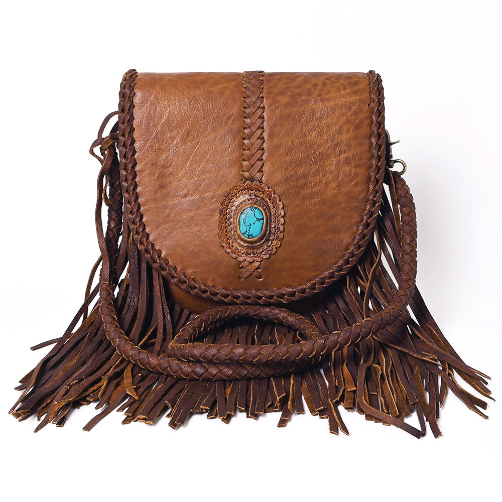 ADBGM262 Braided Fringe Messenger Bag - Genuine Leather with Turquoise Concho