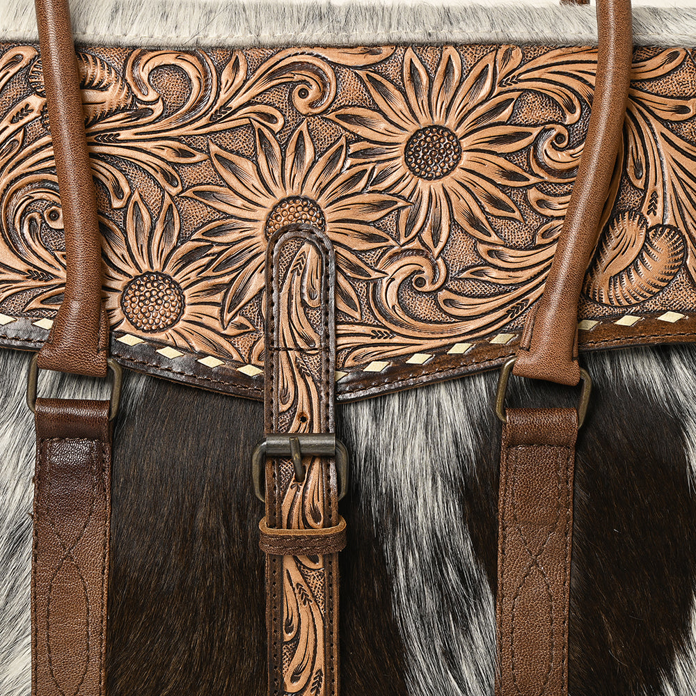 ADBG1397 American Darling Western Leather Briefcase Bag with Hand-Tooled Floral & Hair-On Cowhide