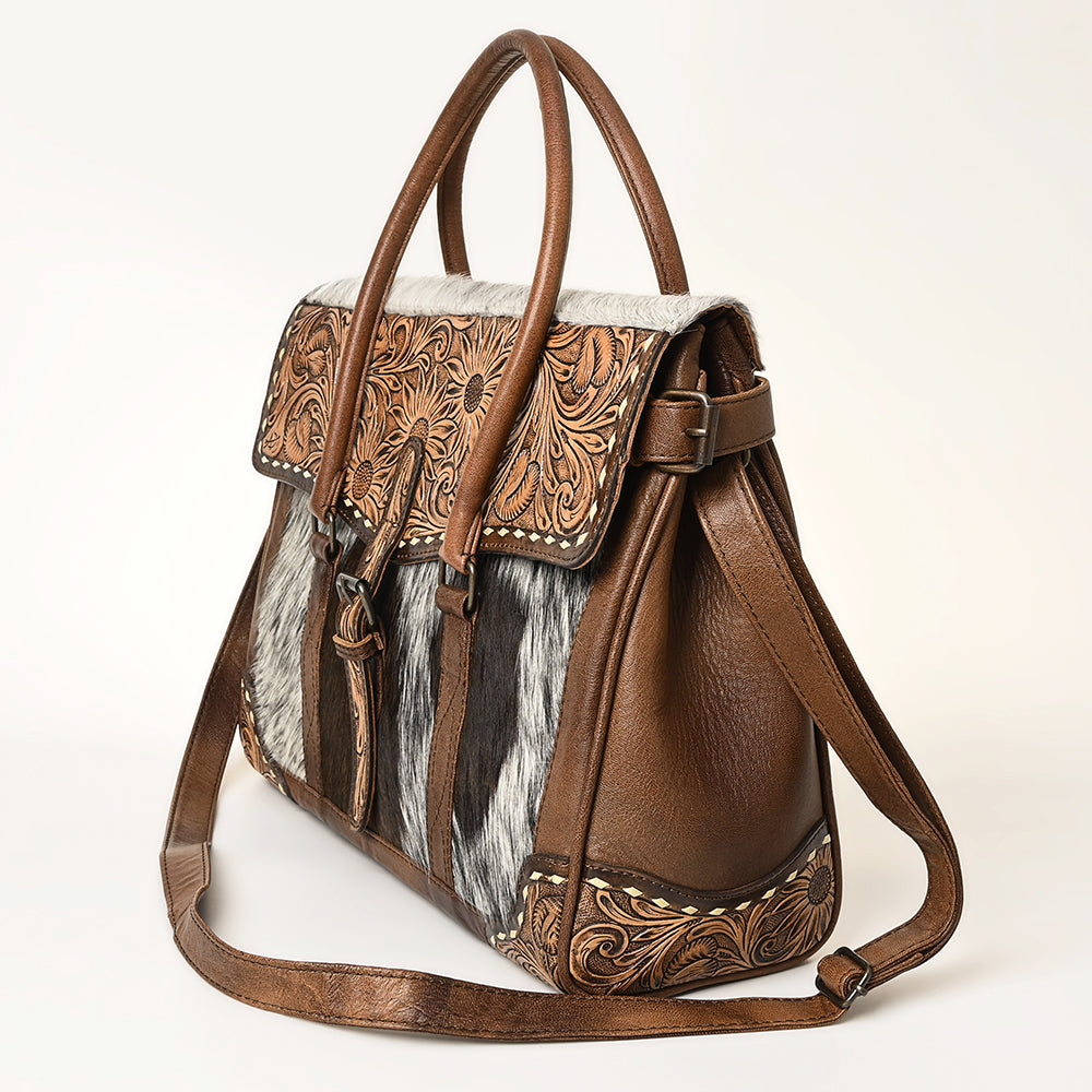 ADBG1397 American Darling Western Leather Briefcase Bag with Hand-Tooled Floral & Hair-On Cowhide