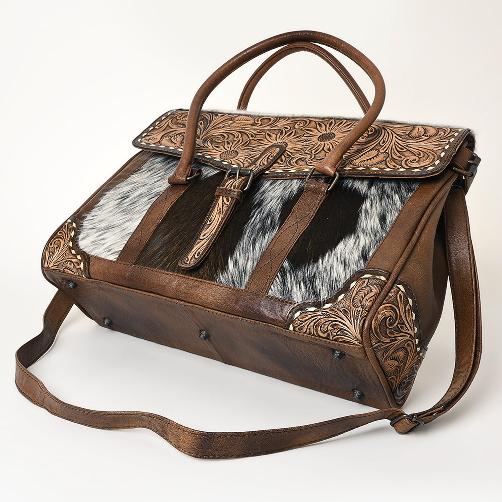 ADBG1397 American Darling Western Leather Briefcase Bag with Hand-Tooled Floral & Hair-On Cowhide