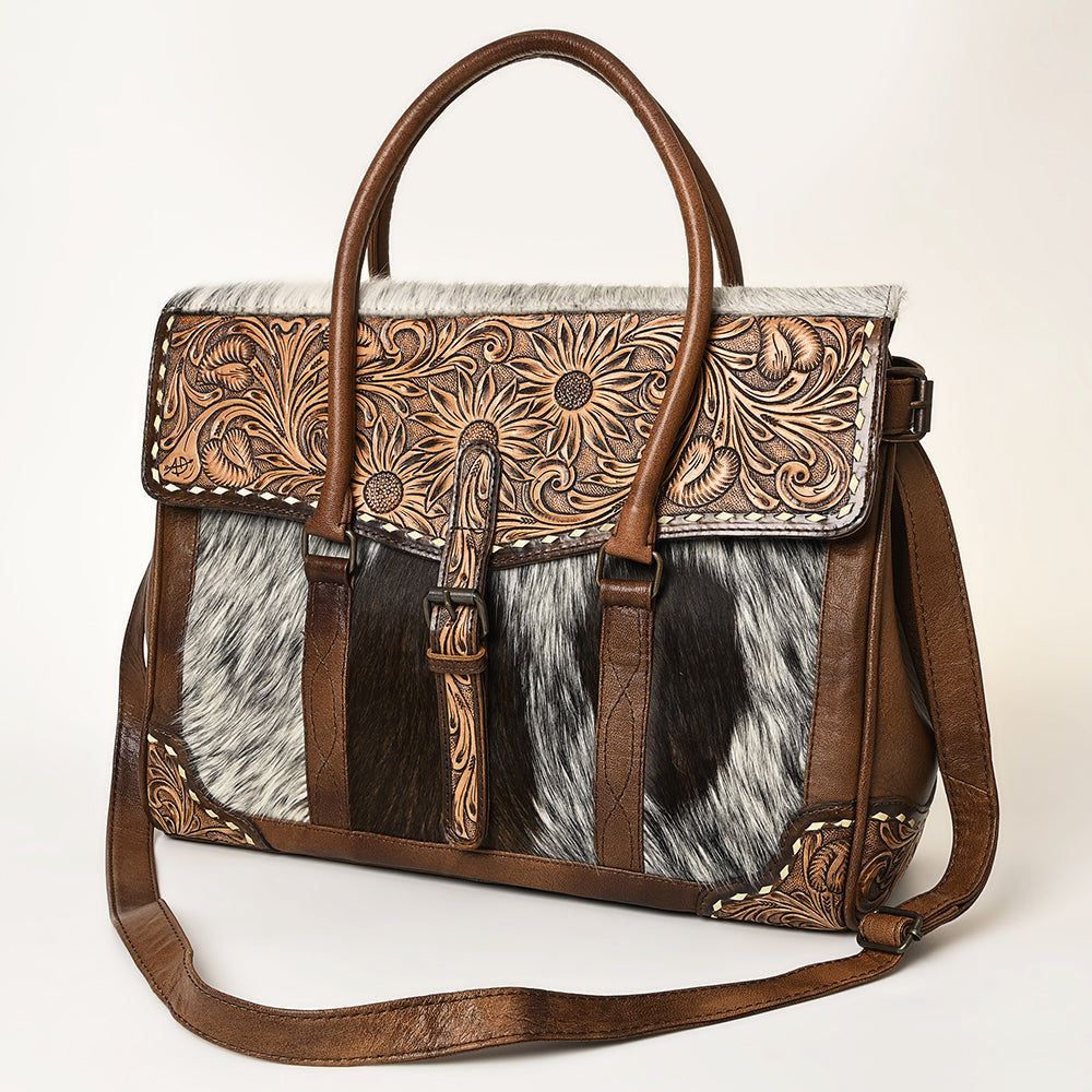 ADBG1397 American Darling Western Leather Briefcase Bag with Hand-Tooled Floral & Hair-On Cowhide