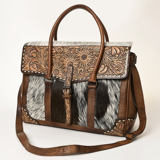 ADBG1397 American Darling Western Leather Briefcase Bag with Hand-Tooled Floral & Hair-On Cowhide