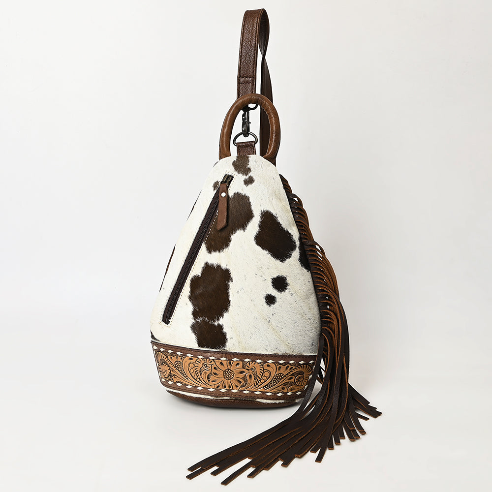 ADBG1401 American Darling Western Cowhide Leather Sling Bag with Hand-Tooled Details and Fringe