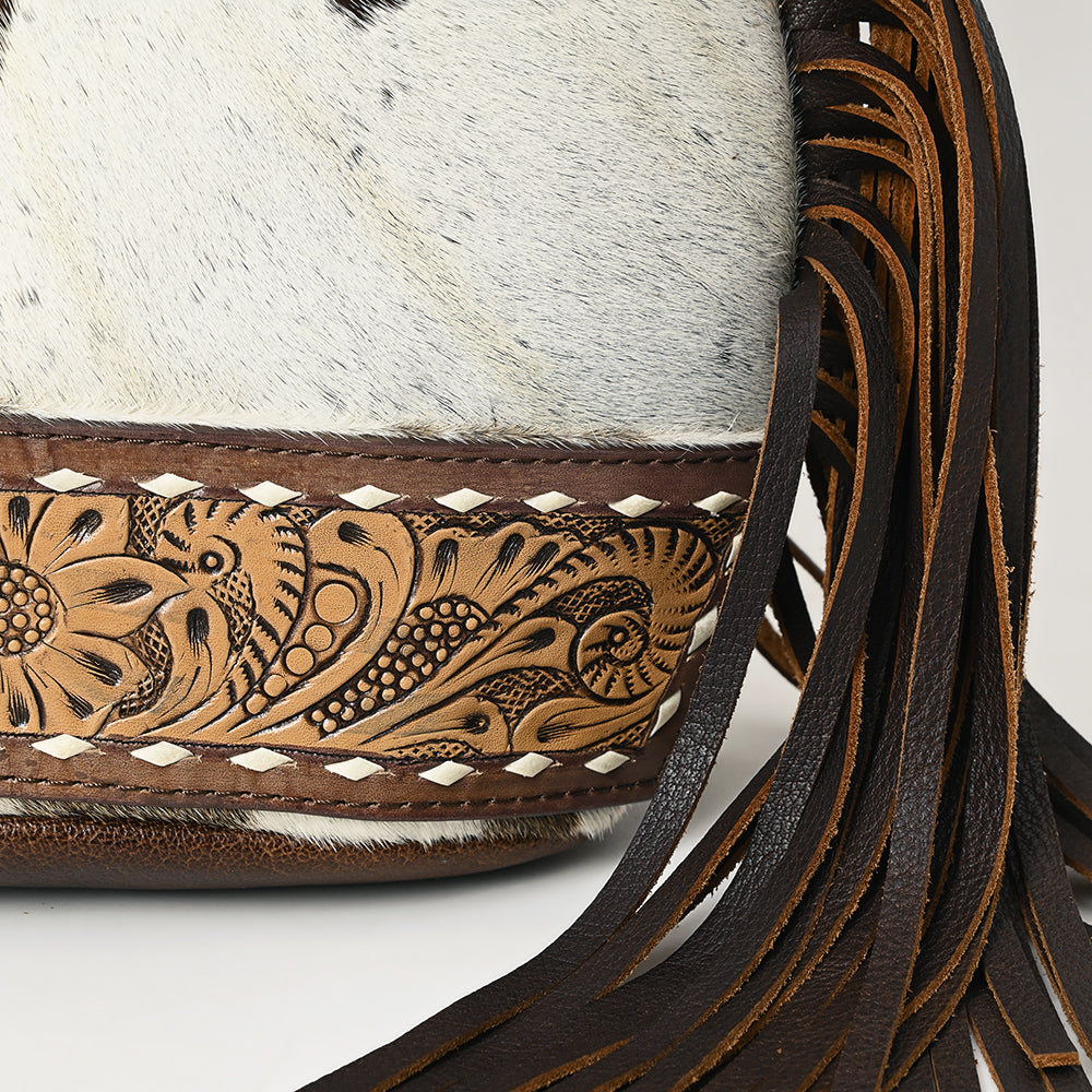 ADBG1401 American Darling Western Cowhide Leather Sling Bag with Hand-Tooled Details and Fringe