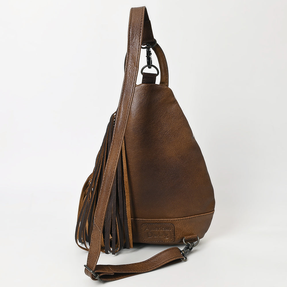 ADBG1401 American Darling Western Cowhide Leather Sling Bag with Hand-Tooled Details and Fringe
