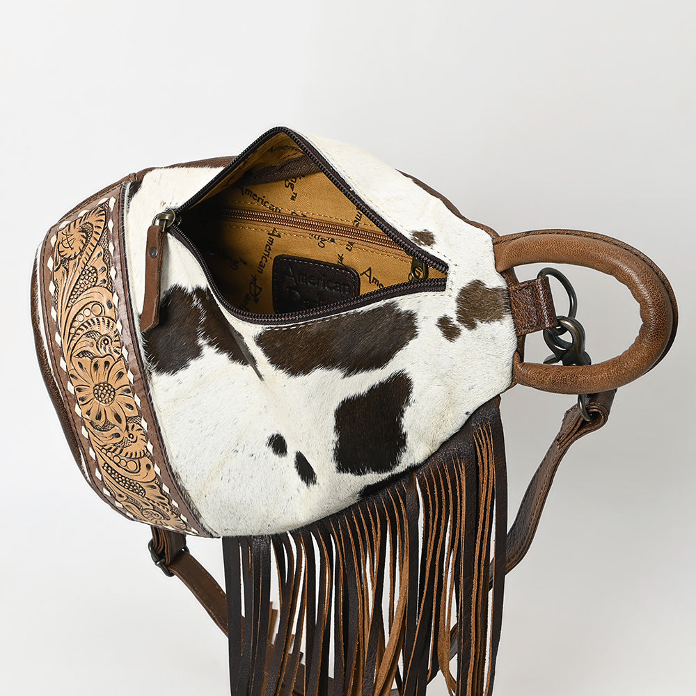 ADBG1401 American Darling Western Cowhide Leather Sling Bag with Hand-Tooled Details and Fringe