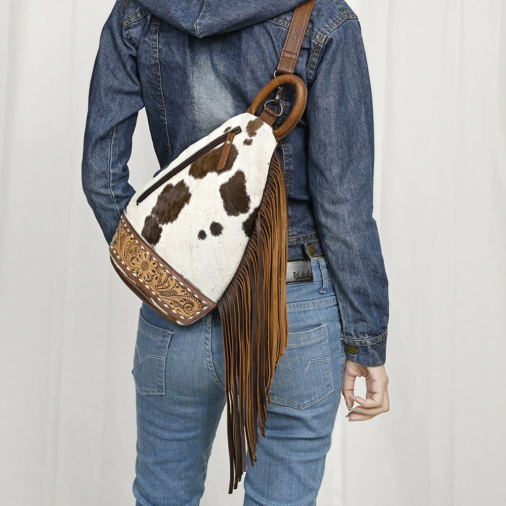 ADBG1401 American Darling Western Cowhide Leather Sling Bag with Hand-Tooled Details and Fringe