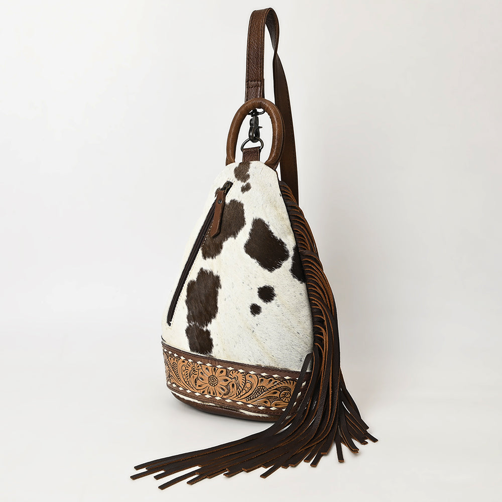 ADBG1401 American Darling Western Cowhide Leather Sling Bag with Hand-Tooled Details and Fringe