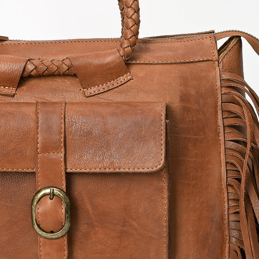 ADBGM370 Tan Leather Fringe Handbag with Braided Handles & Front Buckle Pocket - Western Satchel Purse