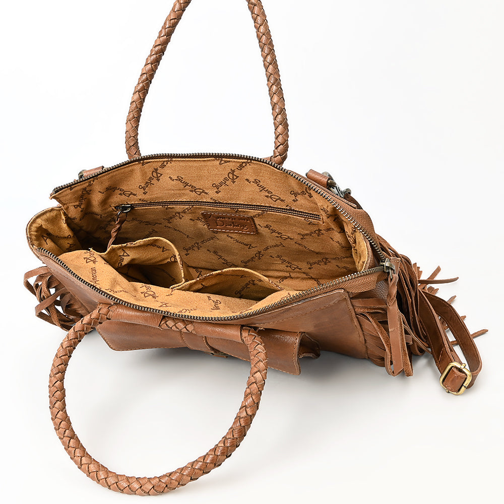 ADBGM370 Tan Leather Fringe Handbag with Braided Handles & Front Buckle Pocket - Western Satchel Purse