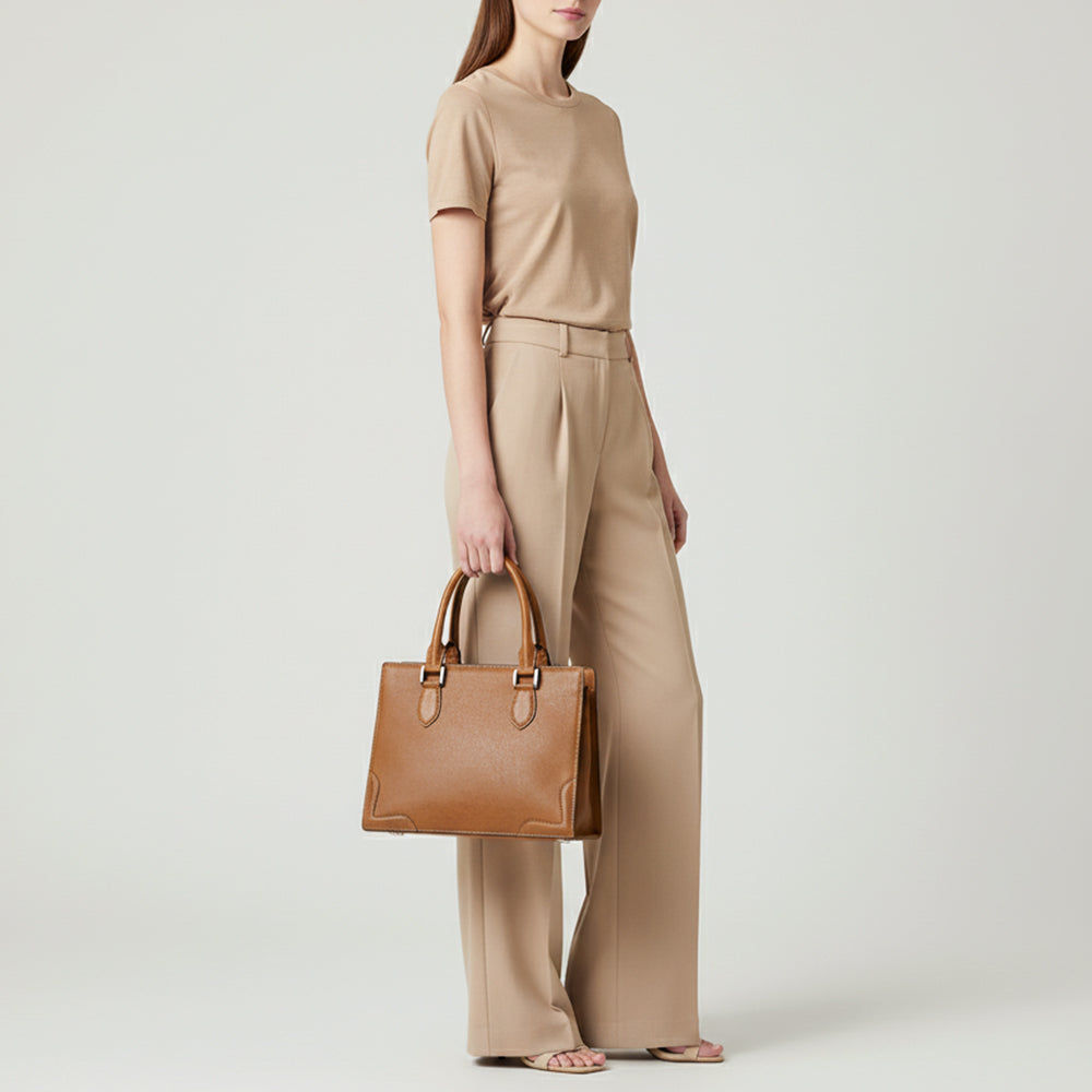 ADBGM371 Tan Structured Leather Tote Bag - Western Minimalist Handbag with Stitched Corner Accents
