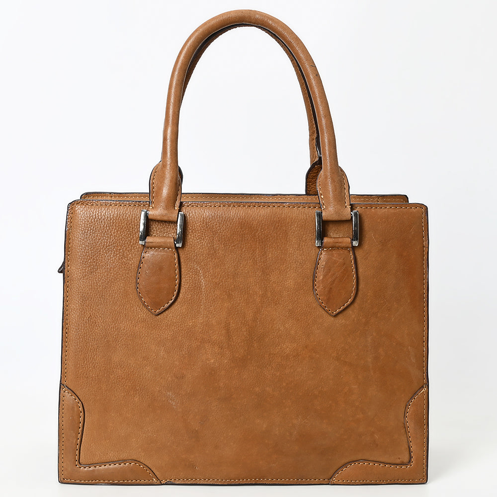 ADBGM371 Tan Structured Leather Tote Bag - Western Minimalist Handbag with Stitched Corner Accents