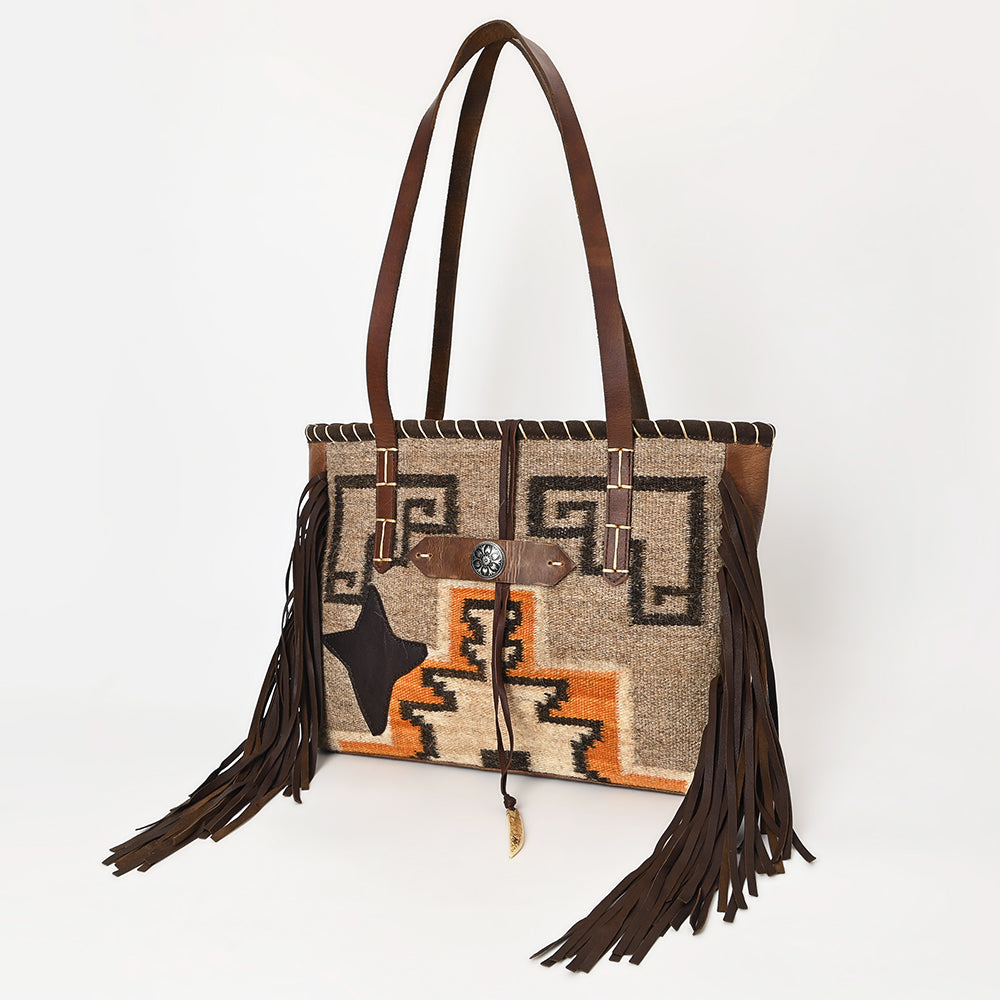 ADBG1113 American Darling Hand-Woven Saddle Blanket Western Tote Bag - Genuine Leather Fringe Purse