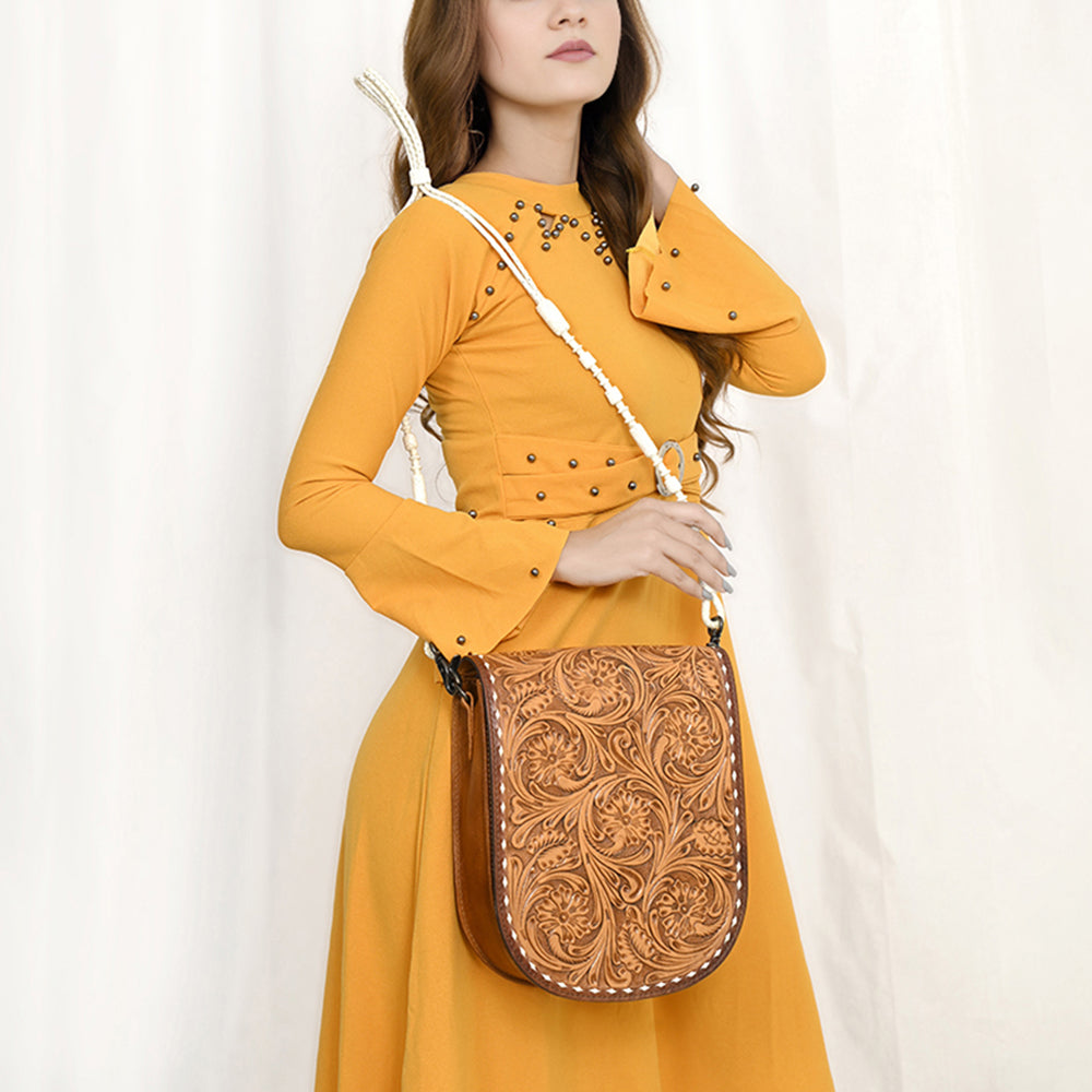ADBG1418 American Darling Hand-Tooled Western Leather Small Crossbody Bag - Genuine Floral Carved Purse