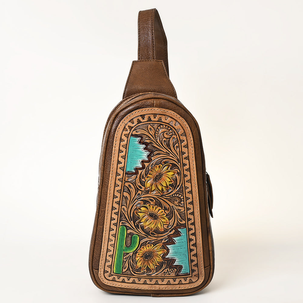 ADBG1425 American Darling Hand-Tooled Western Leather Sling Bag - Genuine Leather Floral Carved Crossbody