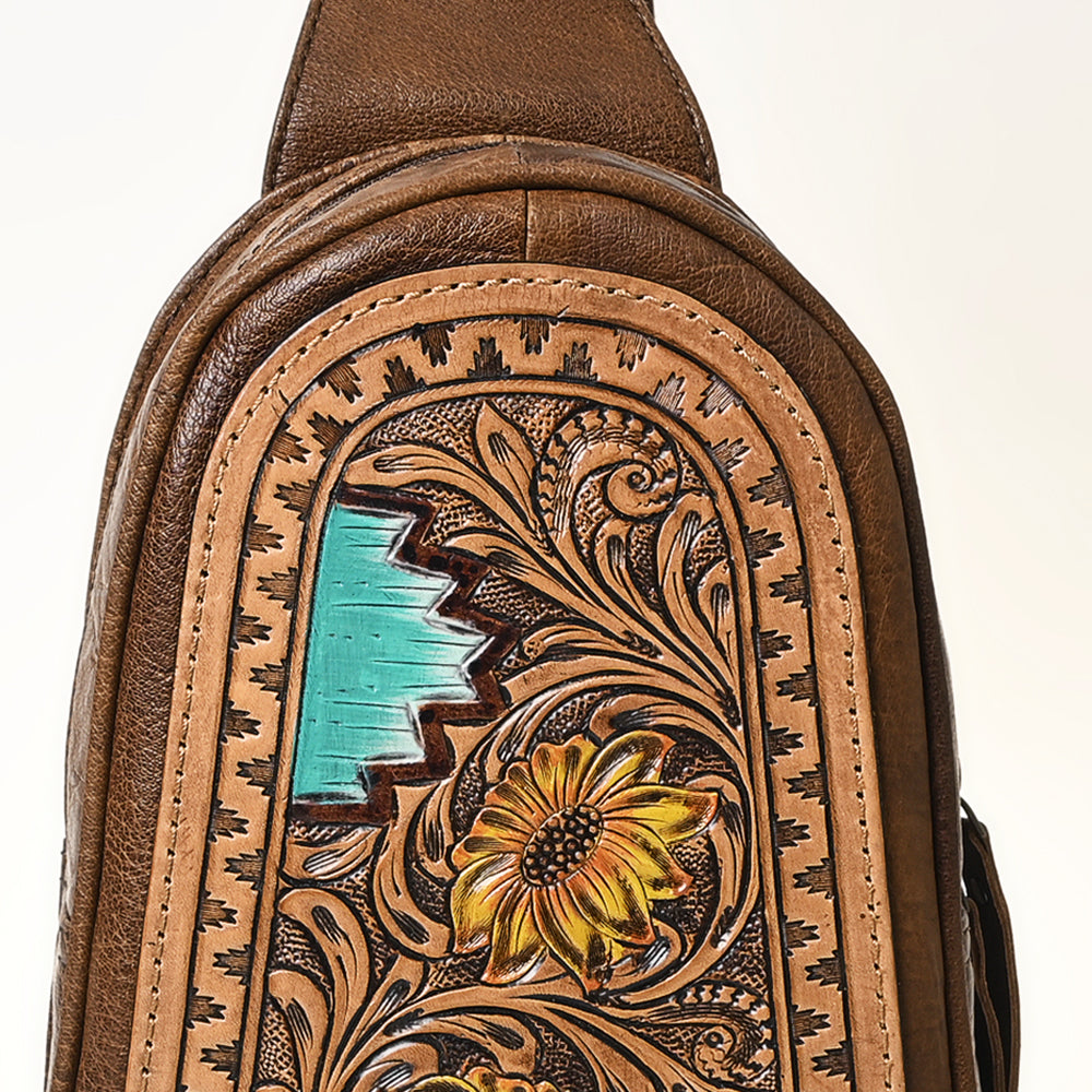 ADBG1425 American Darling Hand-Tooled Western Leather Sling Bag - Genuine Leather Floral Carved Crossbody