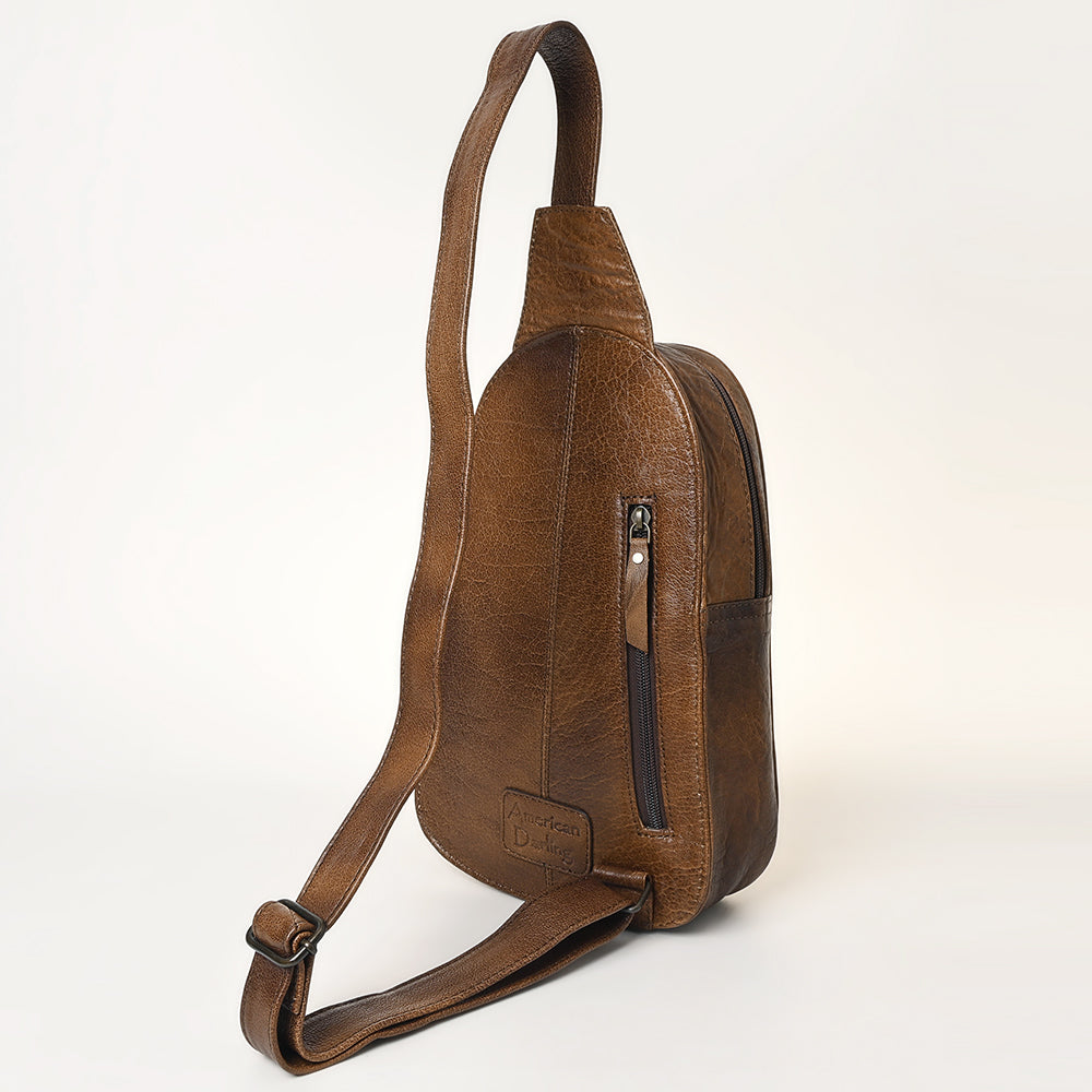 ADBG1425 American Darling Hand-Tooled Western Leather Sling Bag - Genuine Leather Floral Carved Crossbody