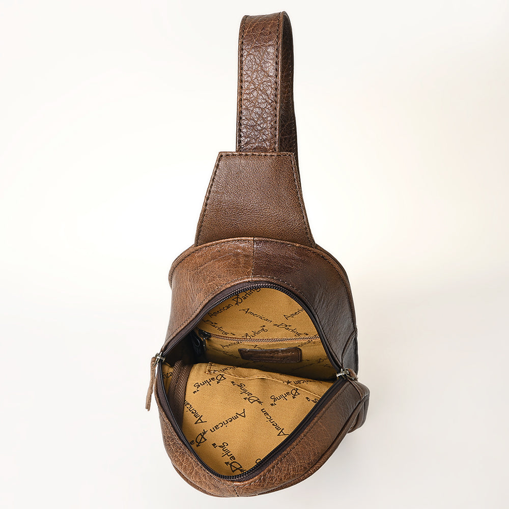 ADBG1425 American Darling Hand-Tooled Western Leather Sling Bag - Genuine Leather Floral Carved Crossbody