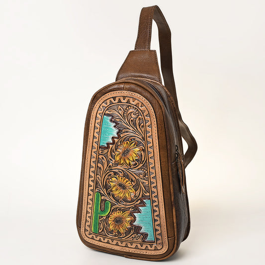ADBG1425 American Darling Hand-Tooled Western Leather Sling Bag - Genuine Leather Floral Carved Crossbody