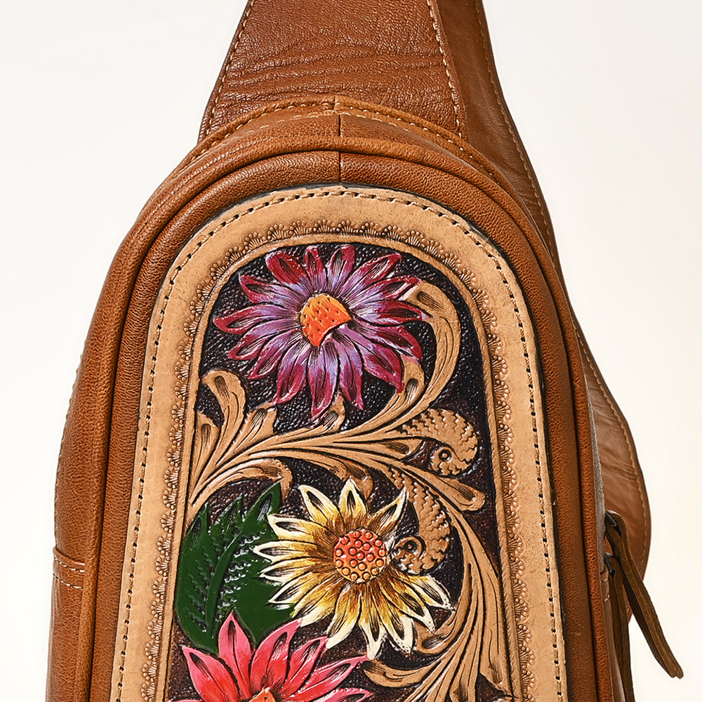 ADBG1425 American Darling Hand-Tooled Western Leather Sling Bag - Genuine Leather Floral Carved Crossbody
