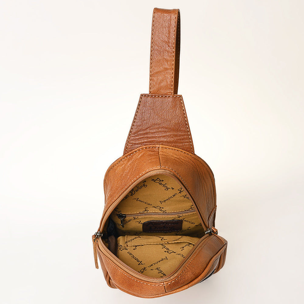 ADBG1425 American Darling Hand-Tooled Western Leather Sling Bag - Genuine Leather Floral Carved Crossbody