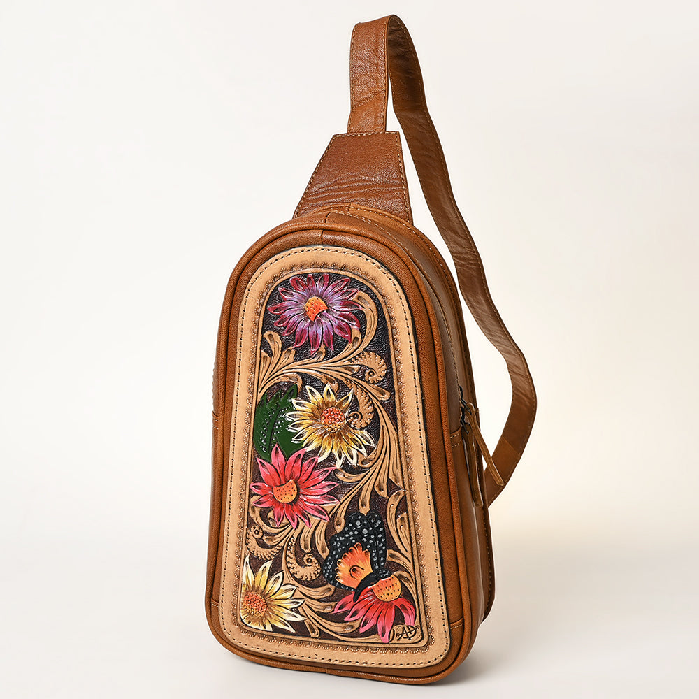 ADBG1425 American Darling Hand-Tooled Western Leather Sling Bag - Genuine Leather Floral Carved Crossbody