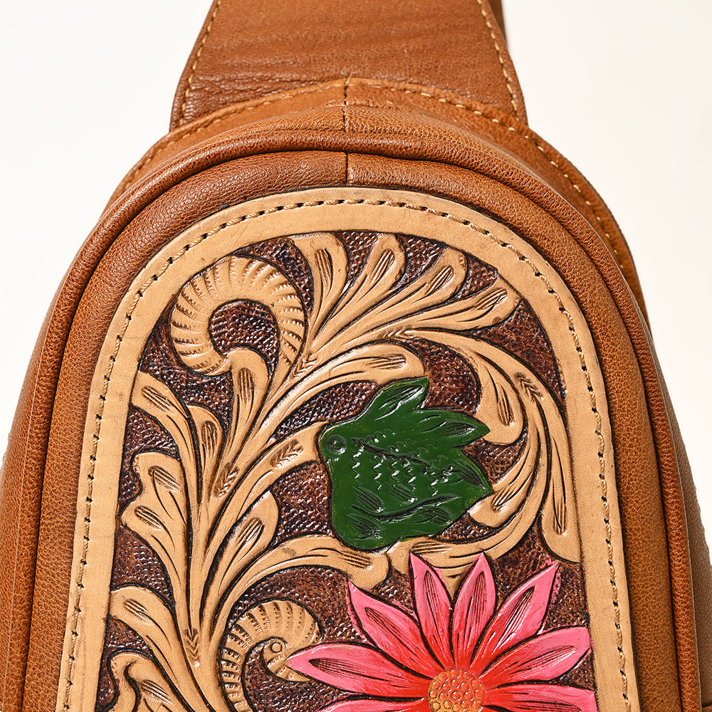 ADBG1425 American Darling Hand-Tooled Western Leather Sling Bag - Genuine Leather Floral Carved Crossbody