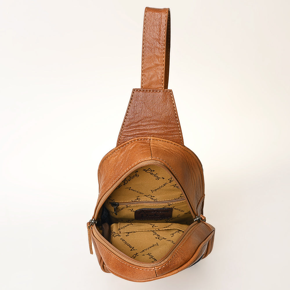 ADBG1425 American Darling Hand-Tooled Western Leather Sling Bag - Genuine Leather Floral Carved Crossbody