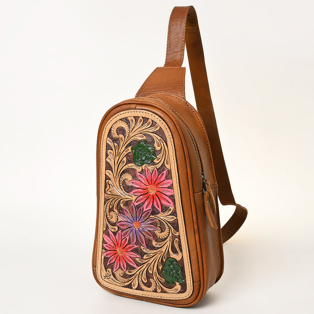 ADBG1425 American Darling Hand-Tooled Western Leather Sling Bag - Genuine Leather Floral Carved Crossbody
