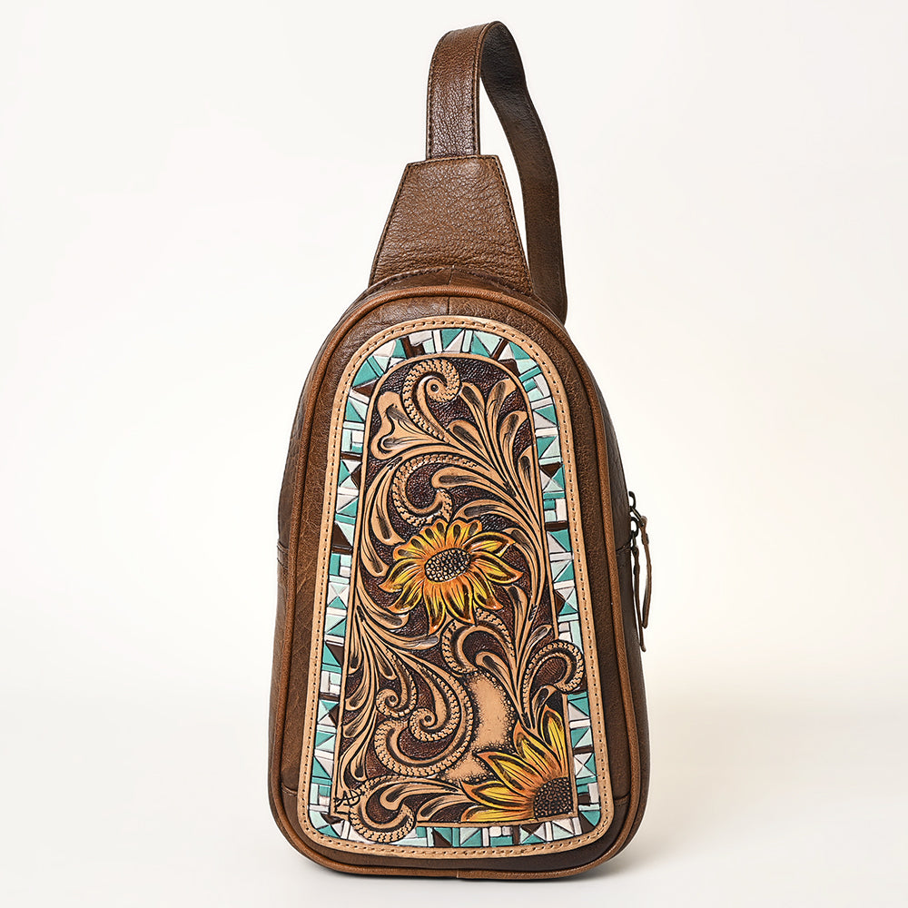 ADBG1425 American Darling Hand-Tooled Western Leather Sling Bag - Genuine Leather Floral Carved Crossbody