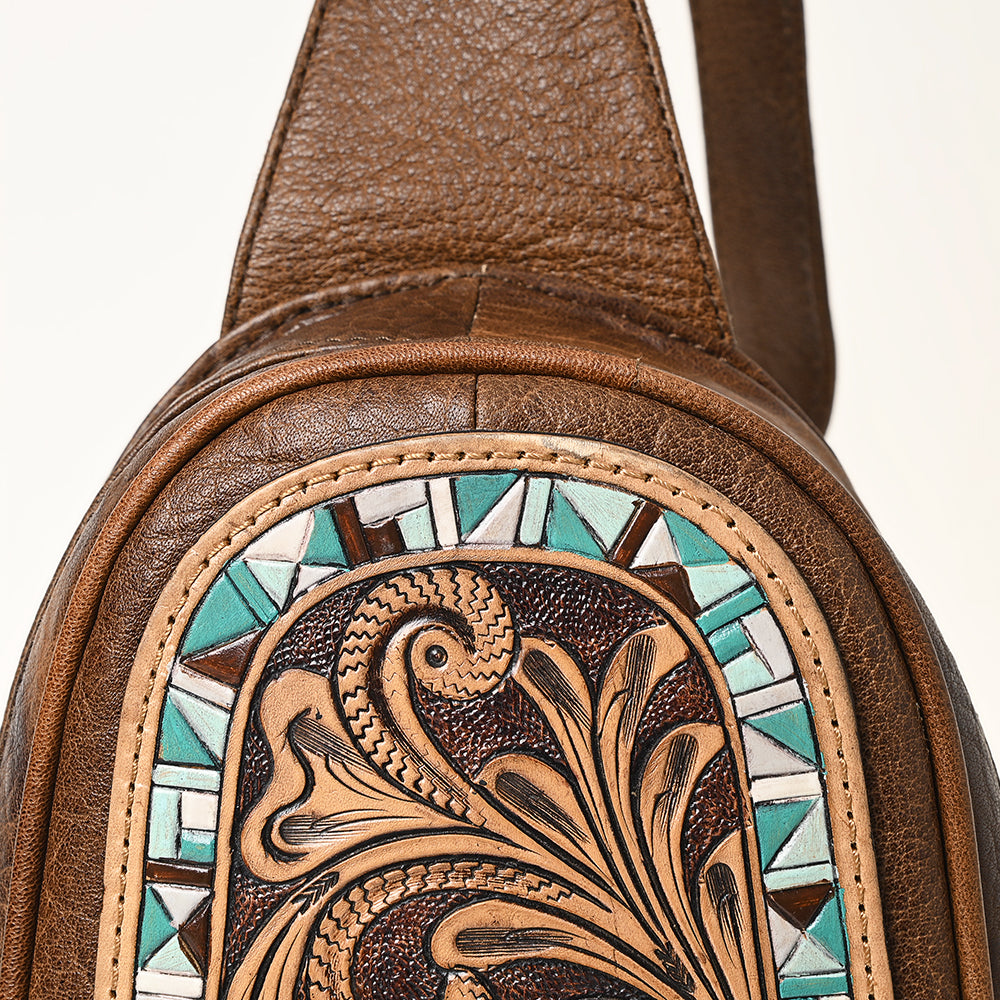 ADBG1425 American Darling Hand-Tooled Western Leather Sling Bag - Genuine Leather Floral Carved Crossbody