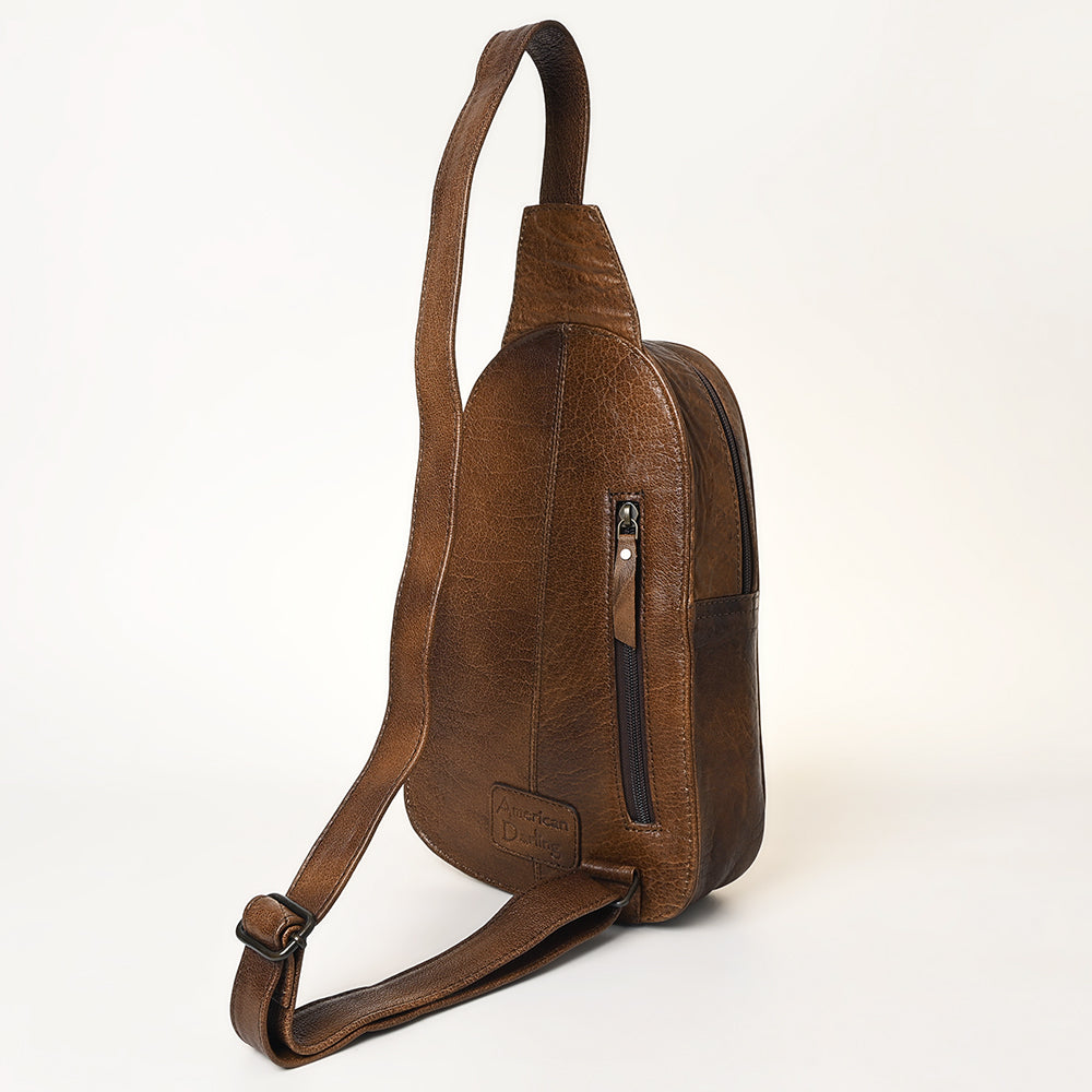 ADBG1425 American Darling Hand-Tooled Western Leather Sling Bag - Genuine Leather Floral Carved Crossbody