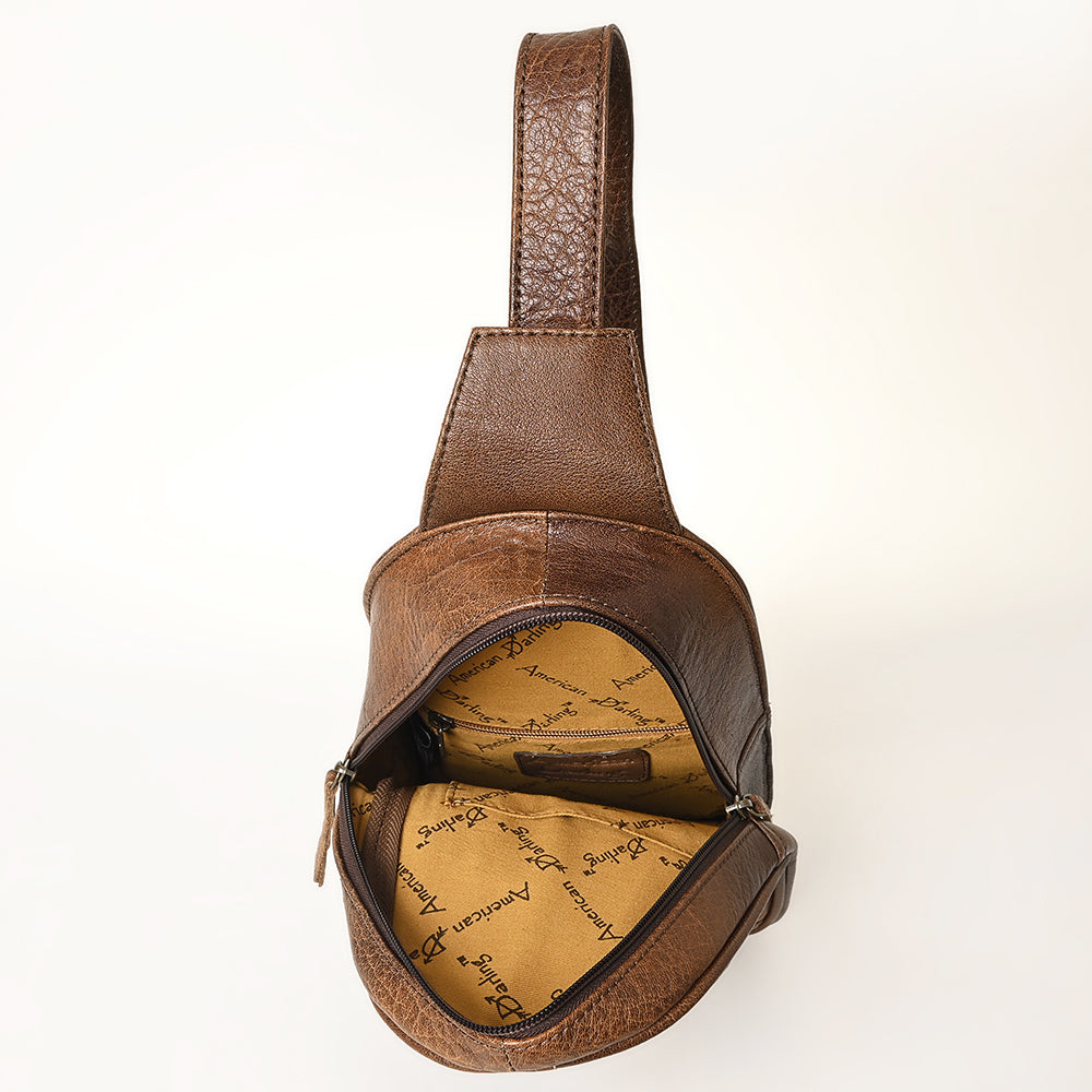 ADBG1425 American Darling Hand-Tooled Western Leather Sling Bag - Genuine Leather Floral Carved Crossbody