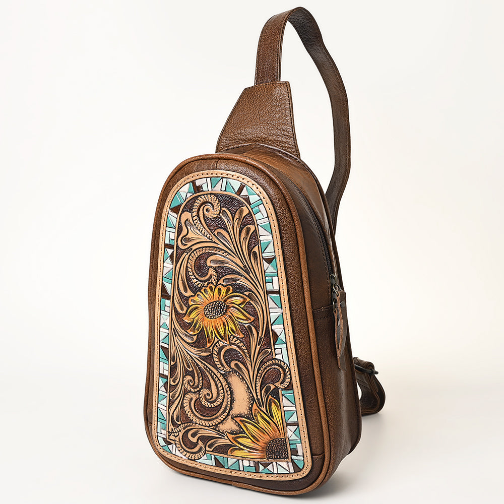 ADBG1425 American Darling Hand-Tooled Western Leather Sling Bag - Genuine Leather Floral Carved Crossbody