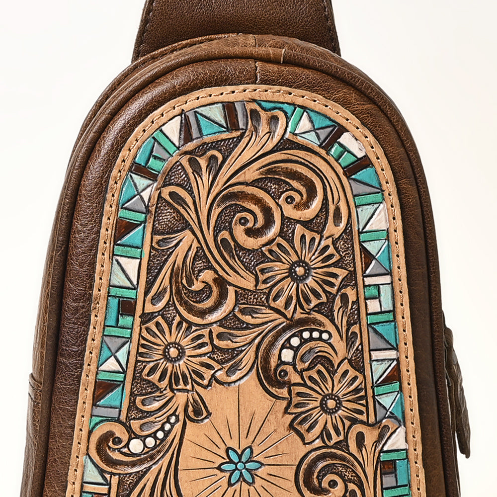 ADBG1425 American Darling Hand-Tooled Western Leather Sling Bag - Genuine Leather Floral Carved Crossbody