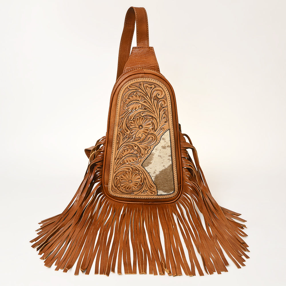 ADBG1425F American Darling Western Leather Sling Bag with Hand-Tooled Detailing & Hair-On Cowhide Fringe - Crossbody