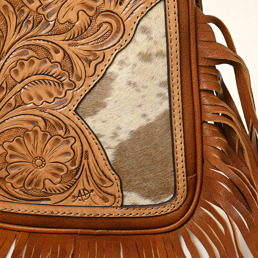 ADBG1425F American Darling Western Leather Sling Bag with Hand-Tooled Detailing & Hair-On Cowhide Fringe - Crossbody