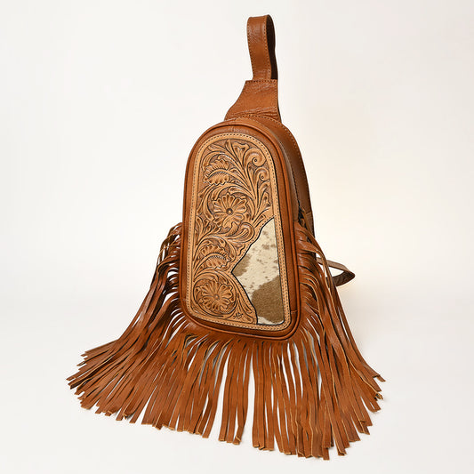 ADBG1425F American Darling Western Leather Sling Bag with Hand-Tooled Detailing & Hair-On Cowhide Fringe - Crossbody