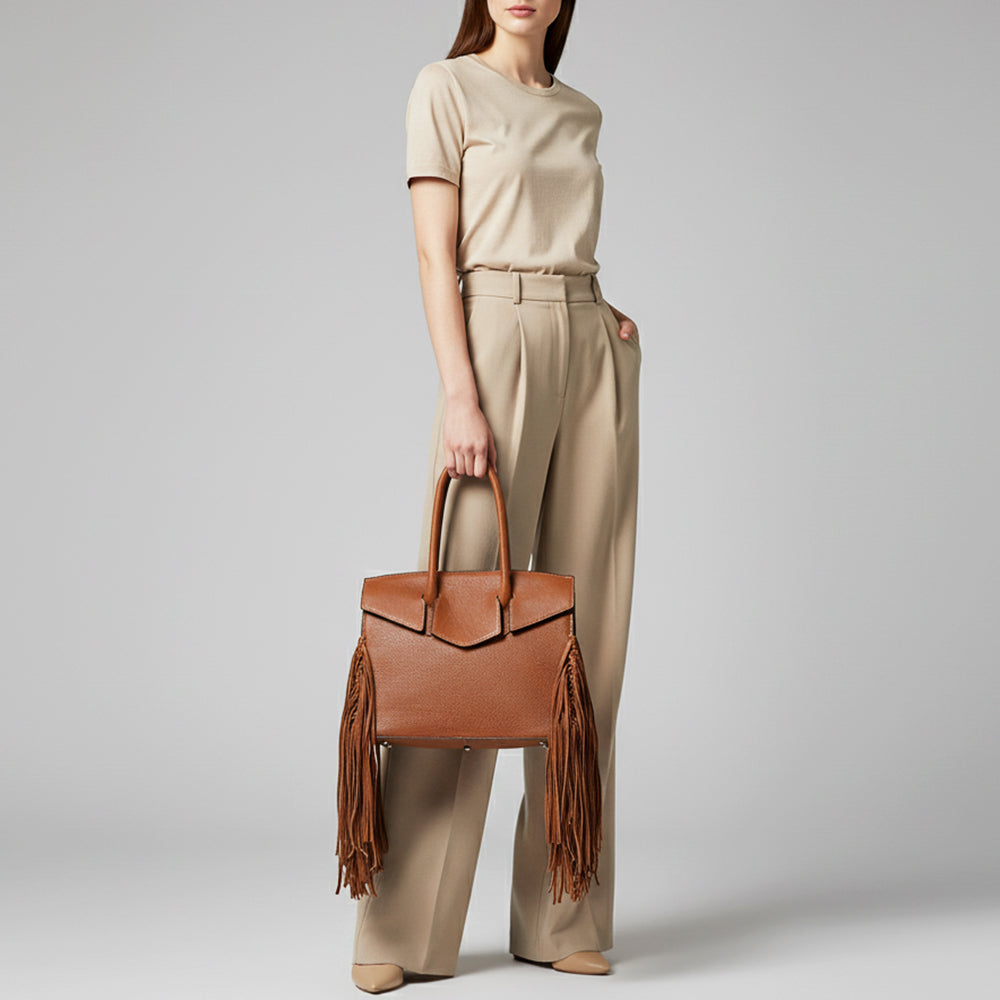ADBGM380 Tan Leather Fringe Tote with Sculpted Flap - Handmade Western Statement Handbag