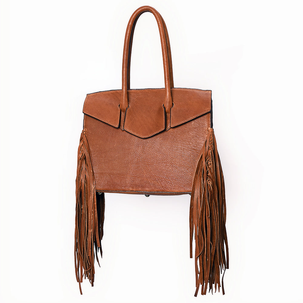 ADBGM380 Tan Leather Fringe Tote with Sculpted Flap - Handmade Western Statement Handbag