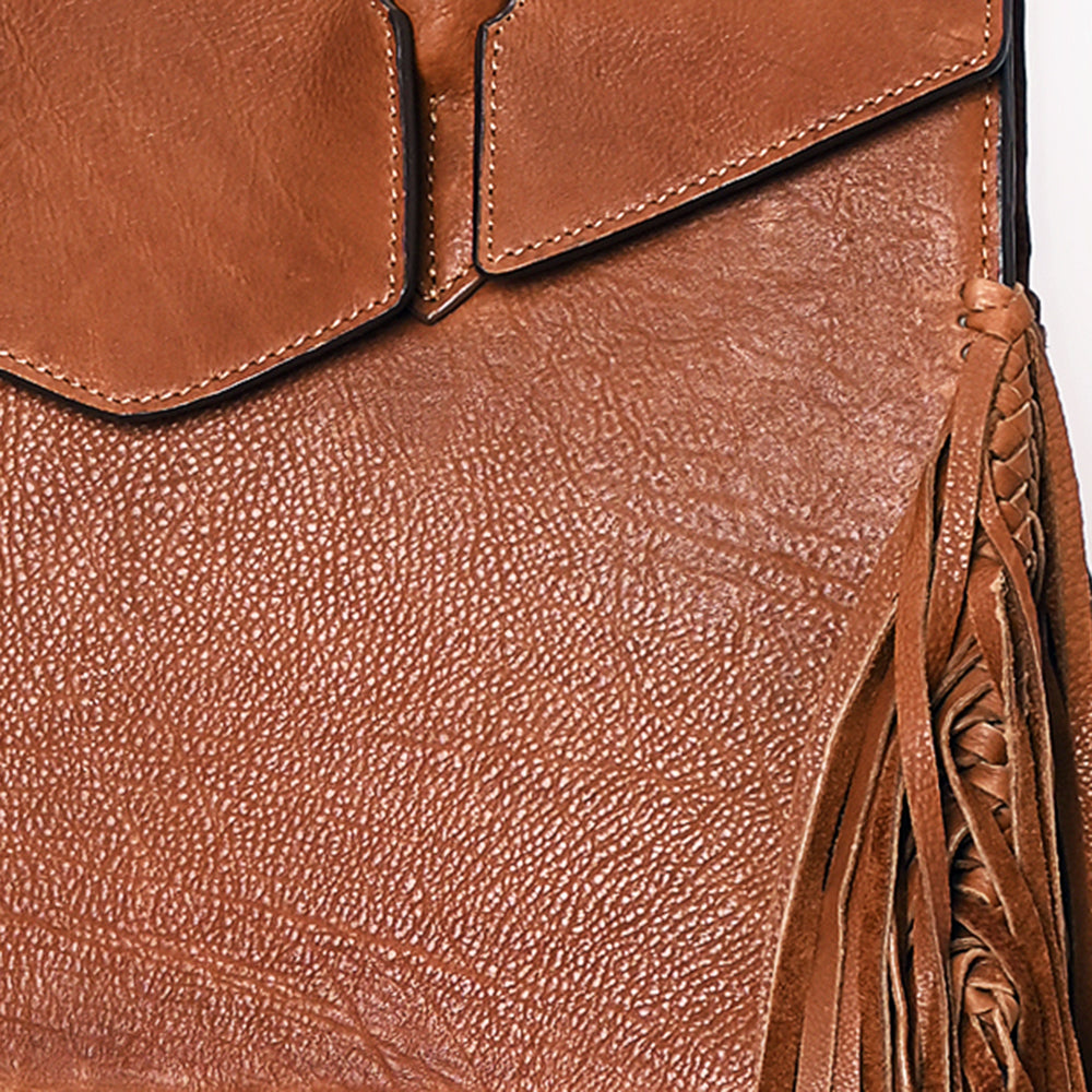 ADBGM380 Tan Leather Fringe Tote with Sculpted Flap - Handmade Western Statement Handbag