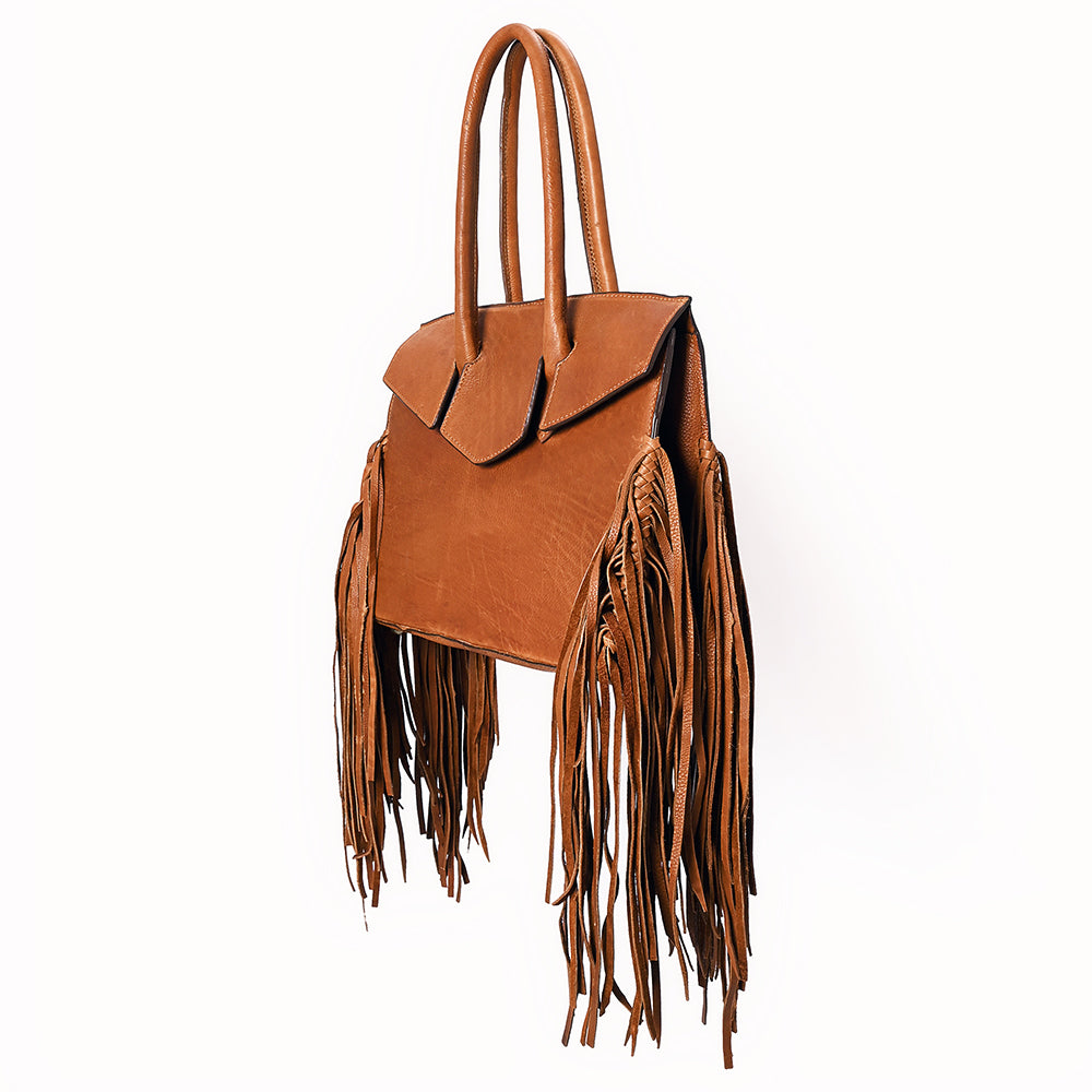 ADBGM380 Tan Leather Fringe Tote with Sculpted Flap - Handmade Western Statement Handbag