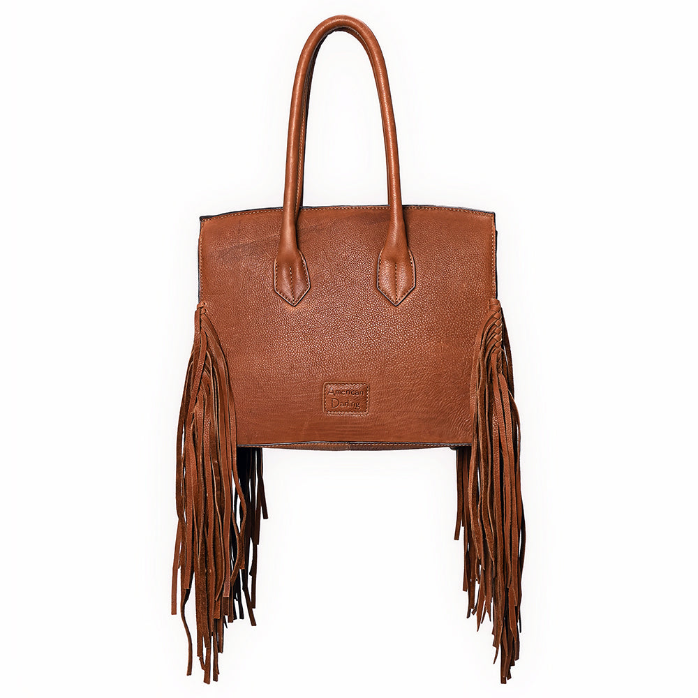 ADBGM380 Tan Leather Fringe Tote with Sculpted Flap - Handmade Western Statement Handbag