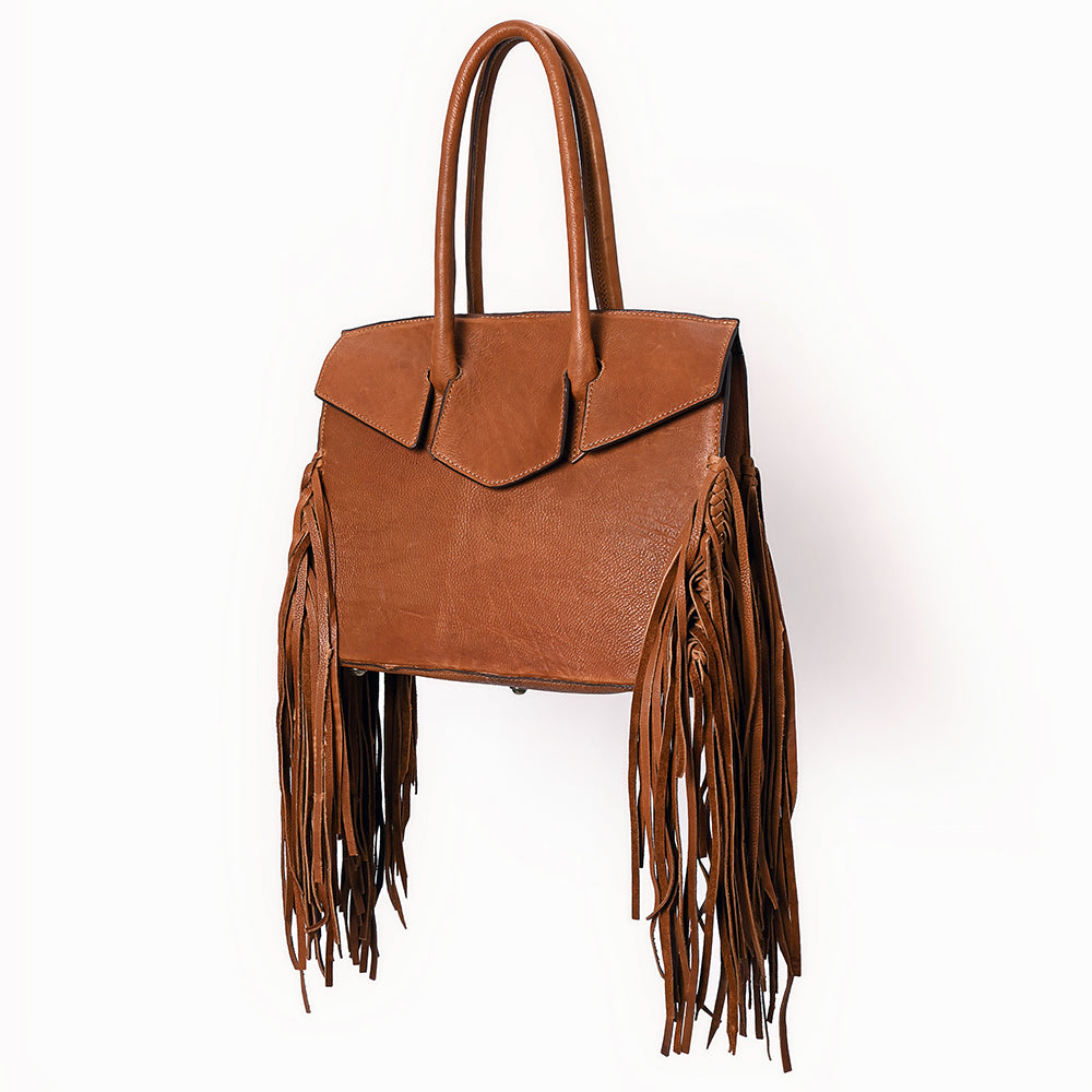 ADBGM380 Tan Leather Fringe Tote with Sculpted Flap - Handmade Western Statement Handbag