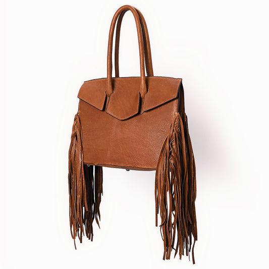 ADBGM380 Tan Leather Fringe Tote with Sculpted Flap - Handmade Western Statement Handbag