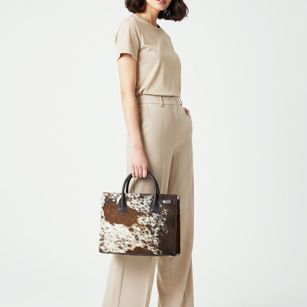 ADBGM382 Hair-On Cowhide Leather Tote Bag with Black Handles - Western Structured Office Handbag